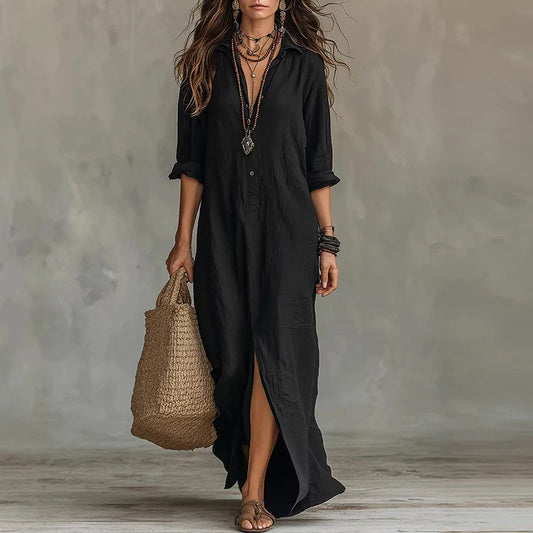 Virelia | Long Sleeve Button Front Maxi Shirt Dress