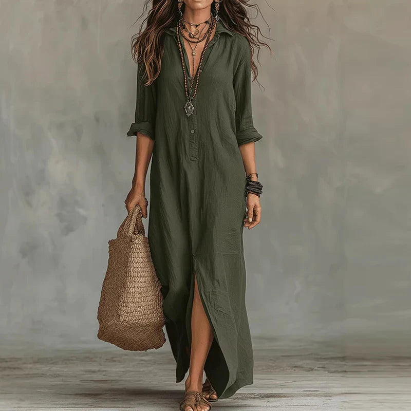 Virelia | Long Sleeve Button Front Maxi Shirt Dress