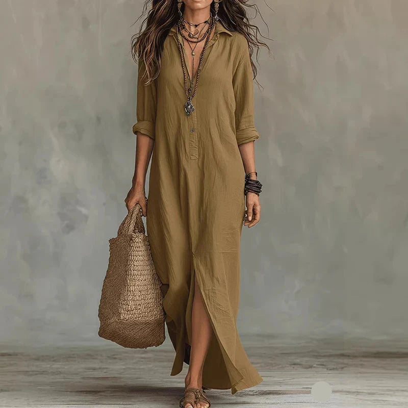 Virelia | Long Sleeve Button Front Maxi Shirt Dress