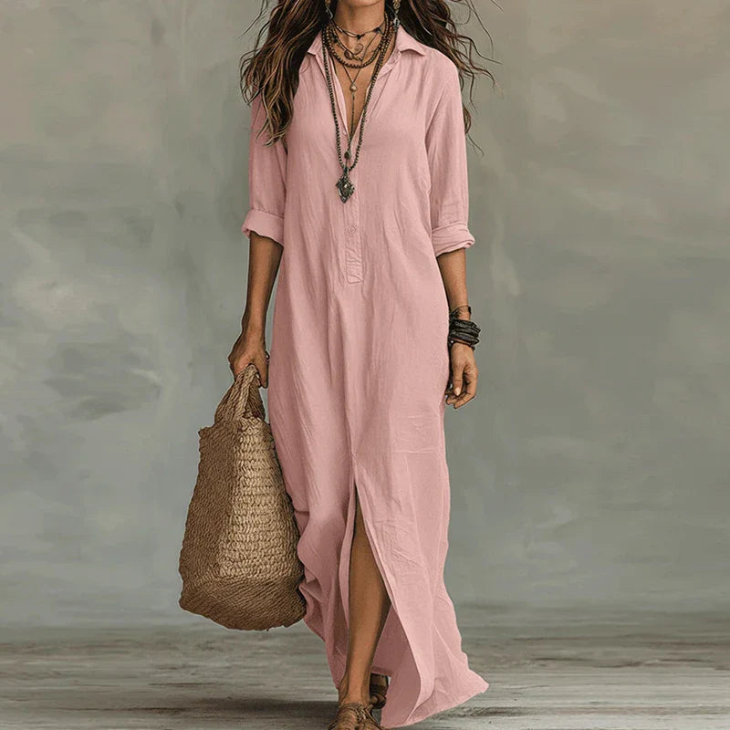 Virelia | Long Sleeve Button Front Maxi Shirt Dress