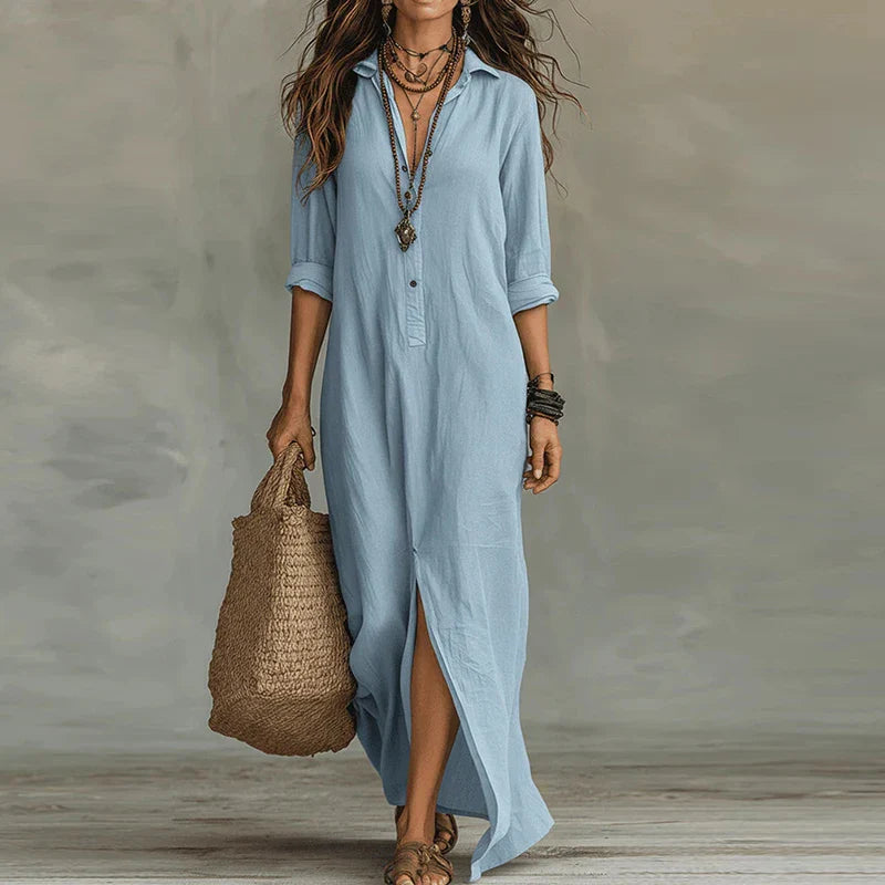 Virelia | Long Sleeve Button Front Maxi Shirt Dress
