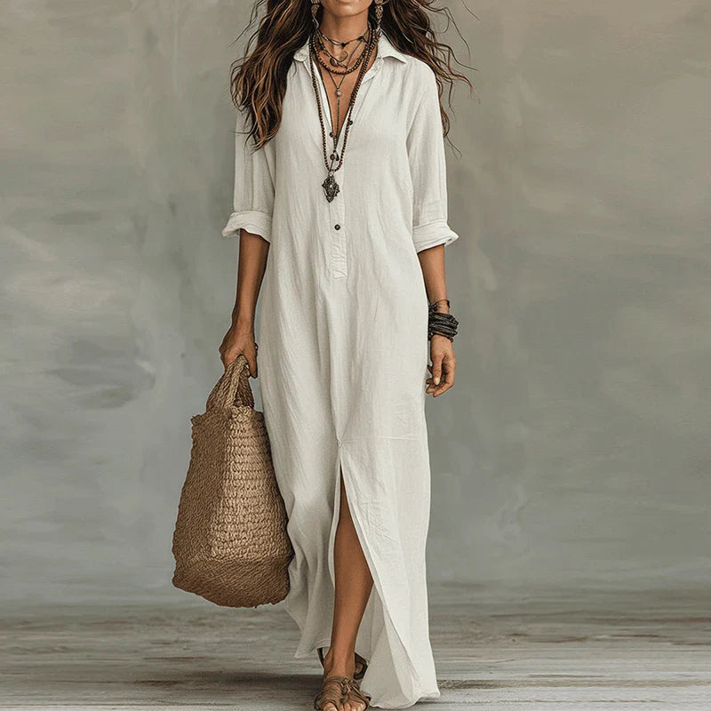 Virelia | Long Sleeve Button Front Maxi Shirt Dress