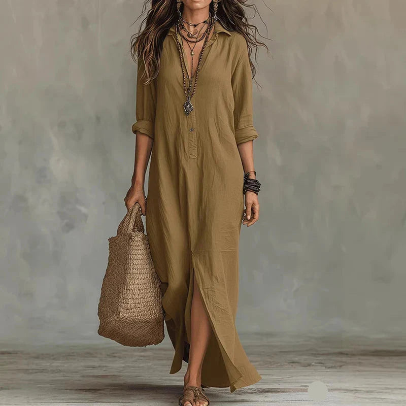 Virelia | Long Sleeve Button Front Maxi Shirt Dress