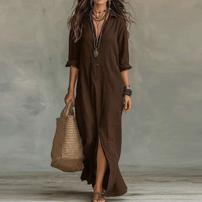 Virelia | Long Sleeve Button Front Maxi Shirt Dress