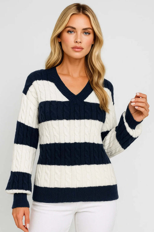 Women's Striped Cable Knit Jumper V-Neck | Chunky Style