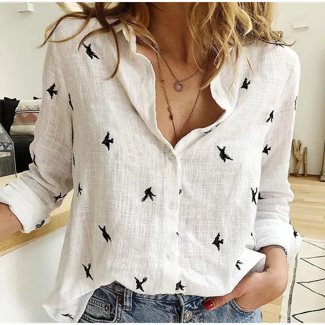 Céloria | Women's Bird Print Button Blouse