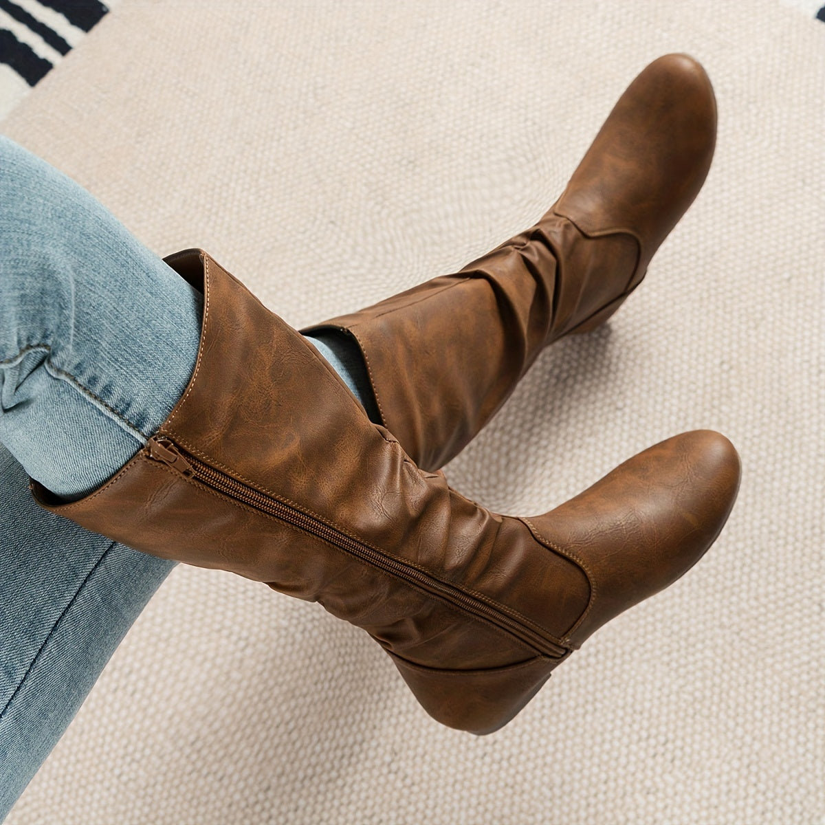 Lena | Women's Brown Slouchy Knee-High Flat Boots with Side Zip