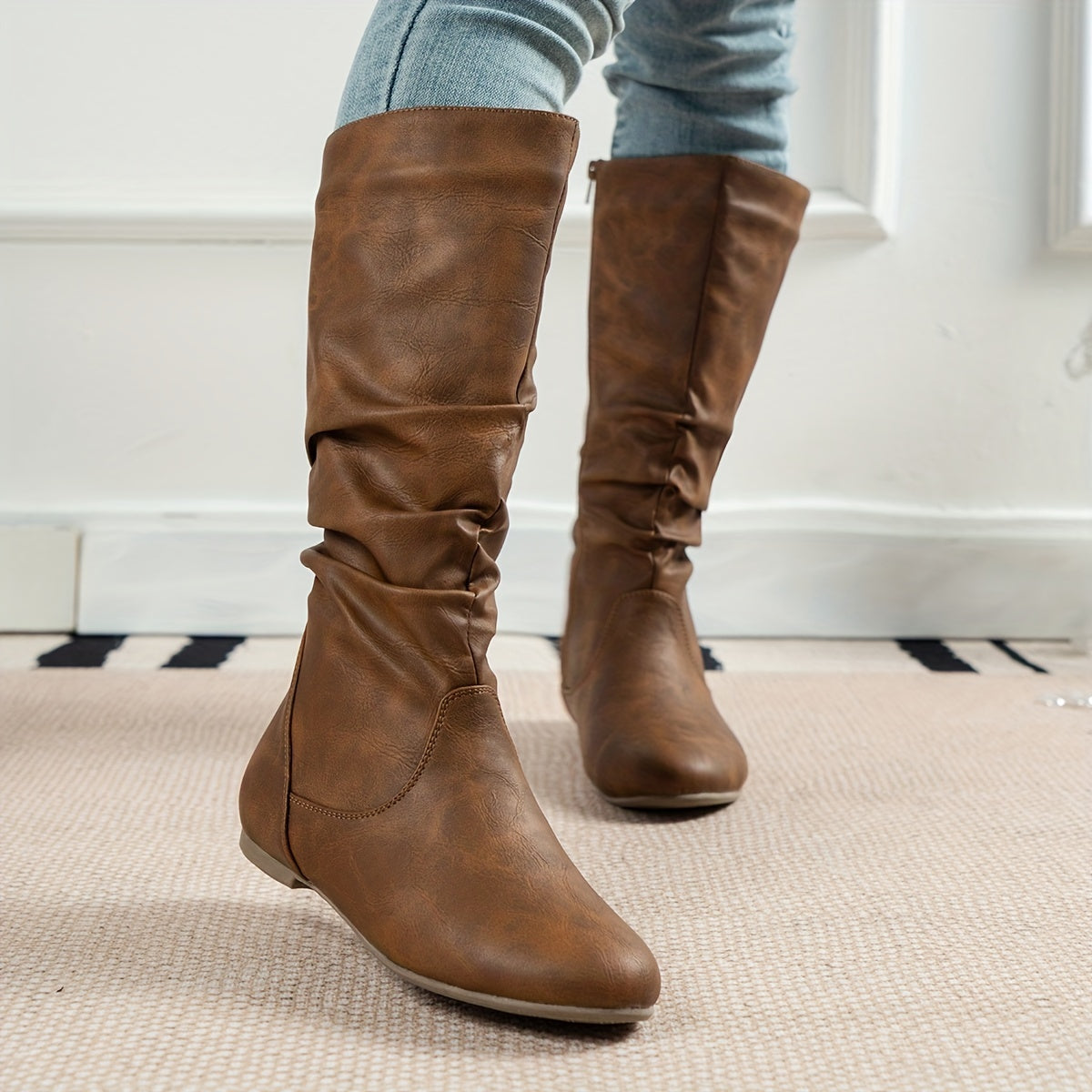 Lena | Women's Brown Slouchy Knee-High Flat Boots with Side Zip