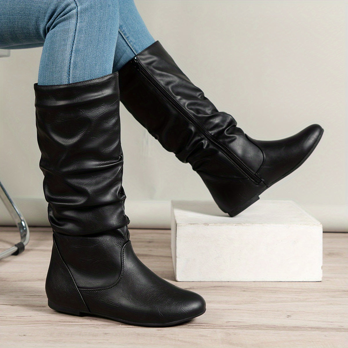 Lena | Women's Brown Slouchy Knee-High Flat Boots with Side Zip