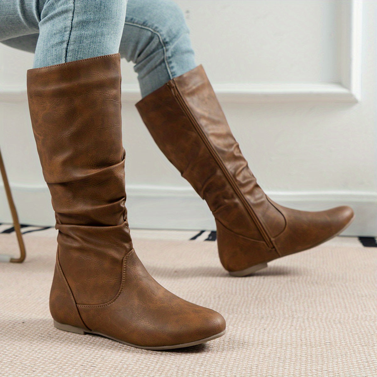 Lena | Women's Brown Slouchy Knee-High Flat Boots with Side Zip
