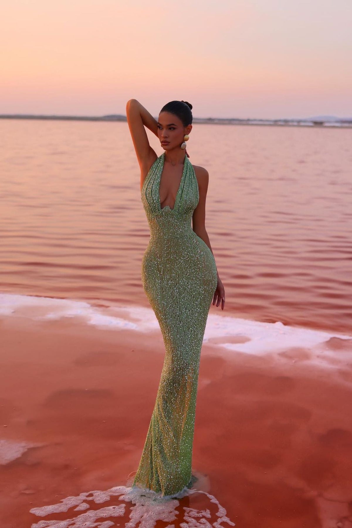 Celeste | Women's Glitter Halter Neck Fitted Maxi Party Dress