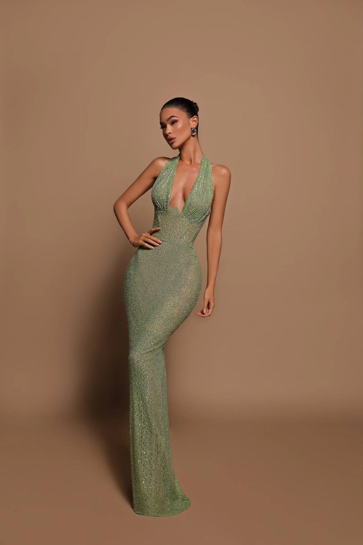 Celeste | Women's Glitter Halter Neck Fitted Maxi Party Dress
