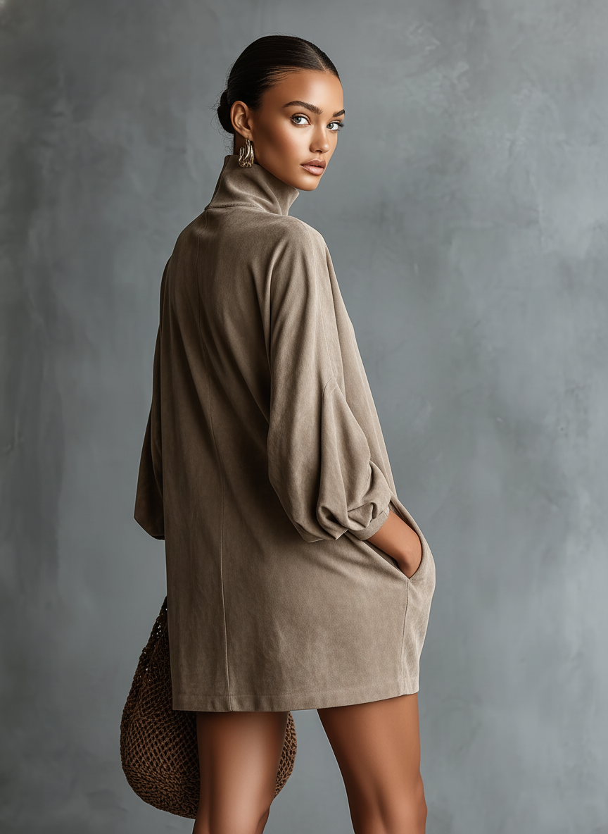 Zoraya | Women's Faux Suede Roll-Neck Long-Sleeve Dress
