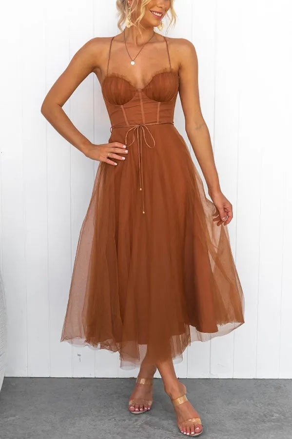Lucienne | Women's Corset Tulle Party Midi Dress