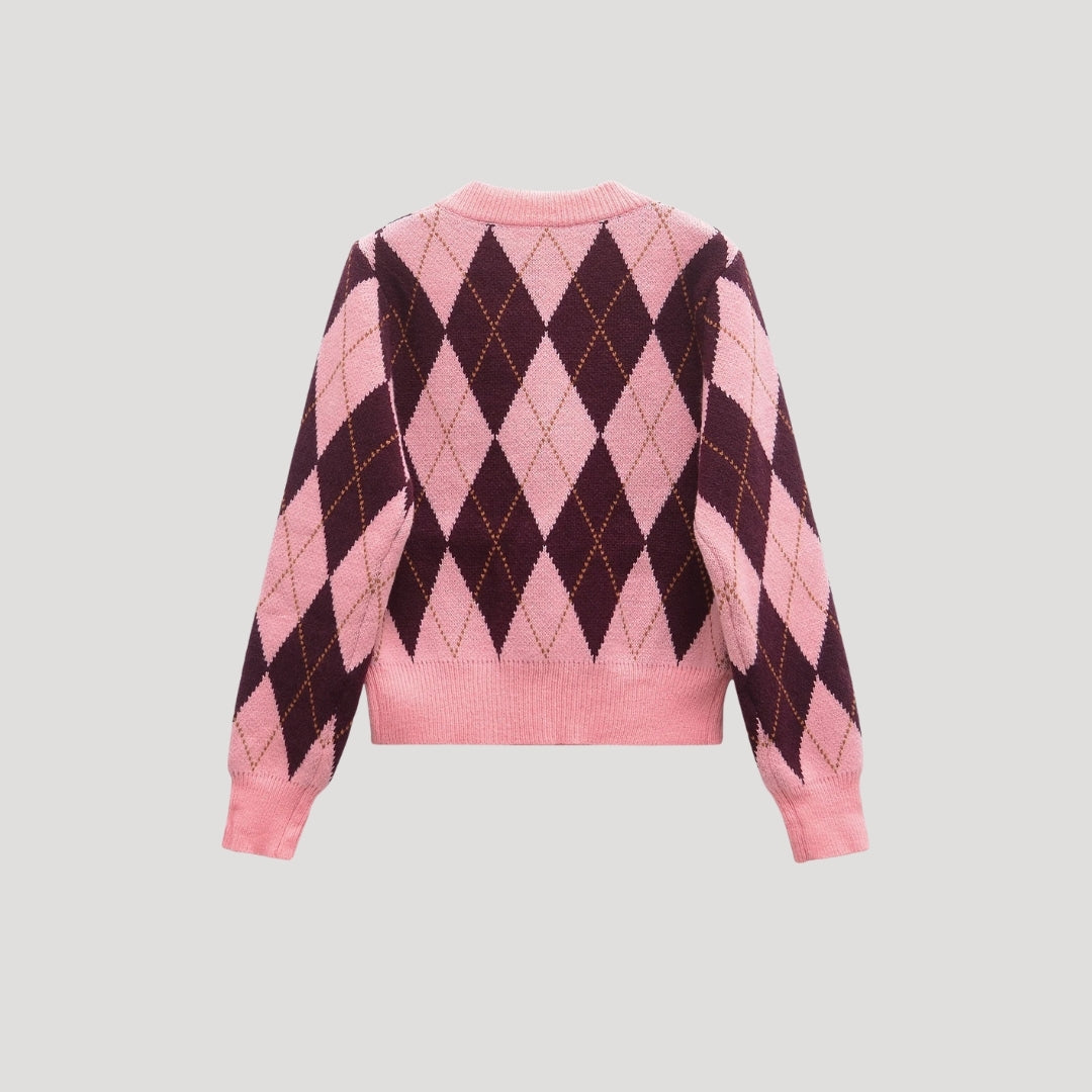 Women's Cropped Argyle Knit Cardigan
