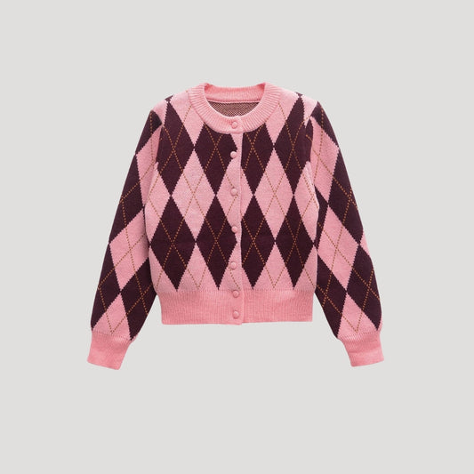 Women's Cropped Argyle Knit Cardigan