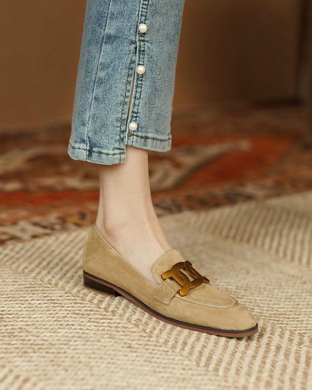 Corinne | Women's Suede Loafers with Gold Chain