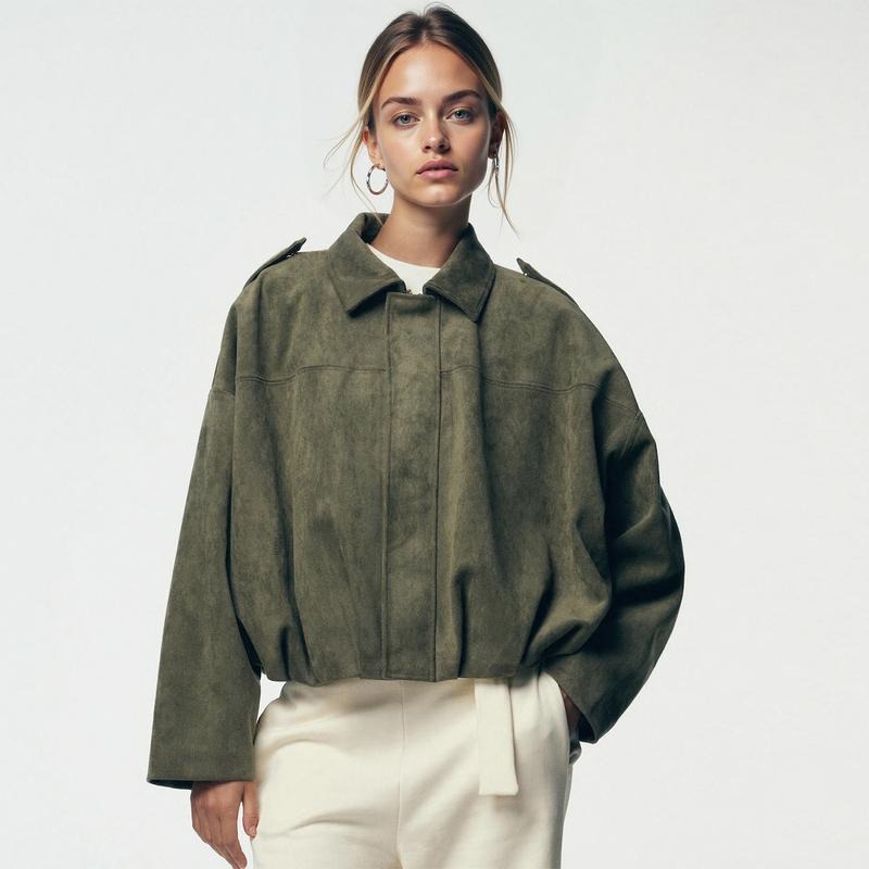 Tove | Women's Oversized Cropped Faux Suede Bomber Jacket
