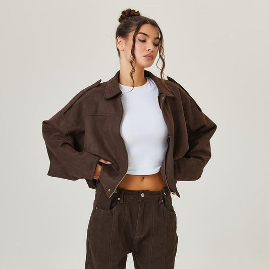 Tove | Women's Oversized Cropped Faux Suede Bomber Jacket