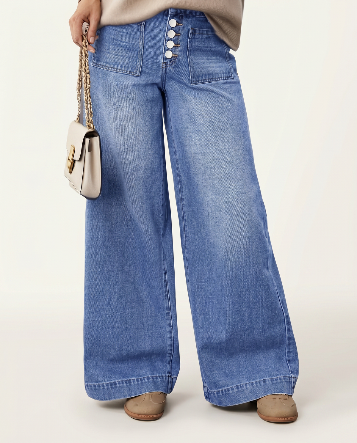 Women's High-Waisted Blue Denim Wide-Leg Button-Front Jeans