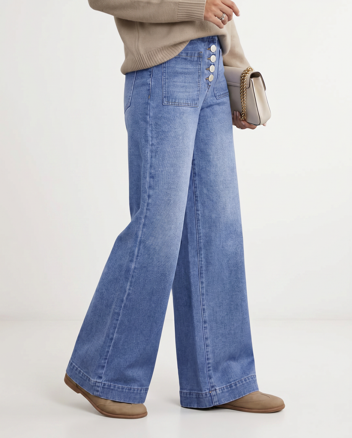 Women's High-Waisted Blue Denim Wide-Leg Button-Front Jeans