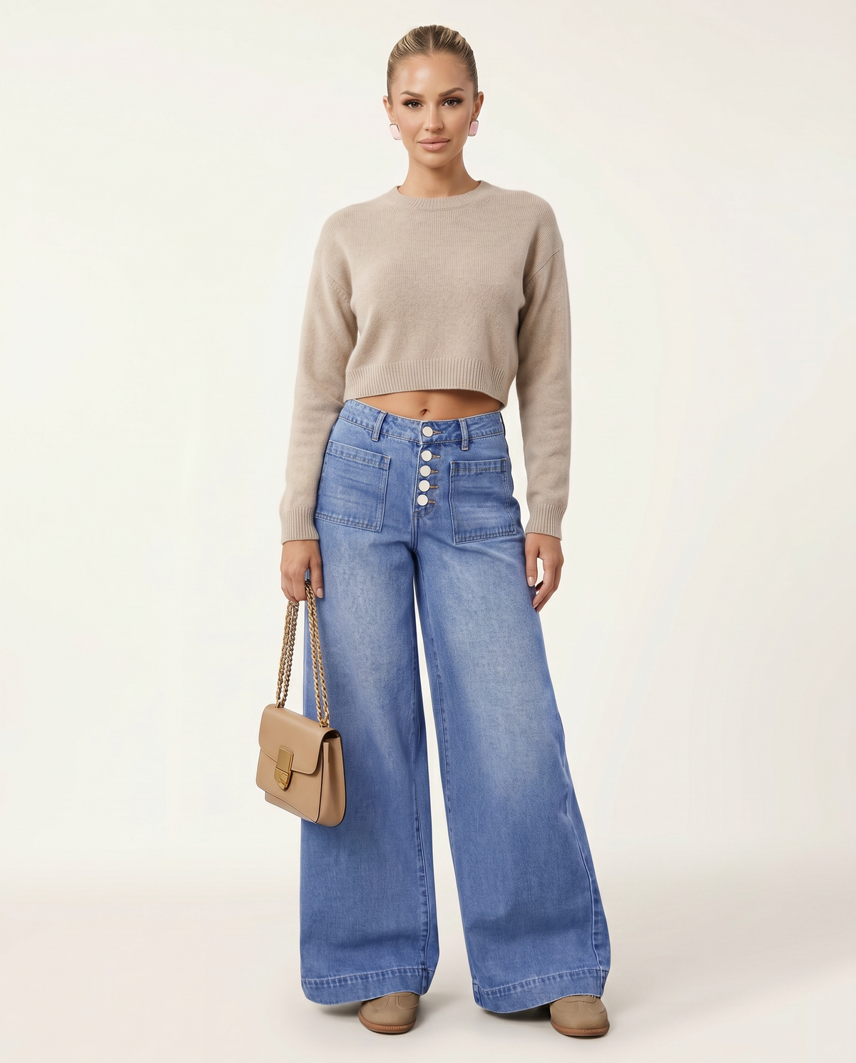 Women's High-Waisted Blue Denim Wide-Leg Button-Front Jeans