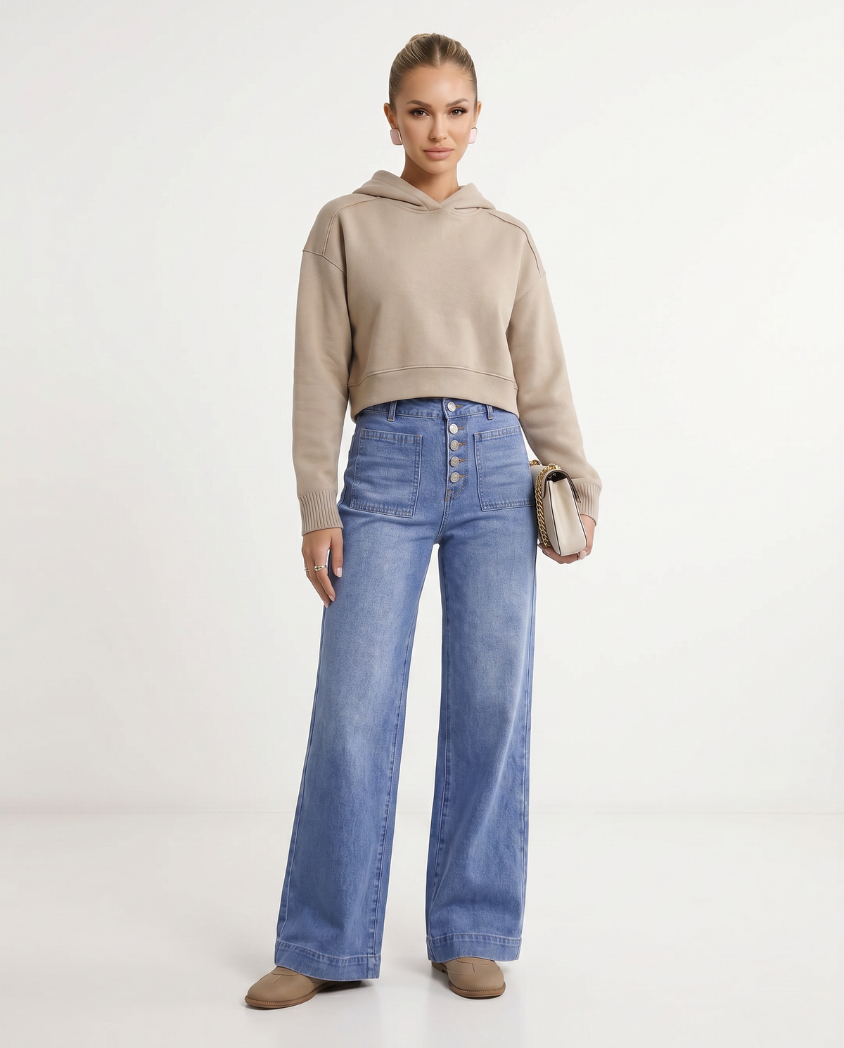 Women's High-Waisted Blue Denim Wide-Leg Button-Front Jeans