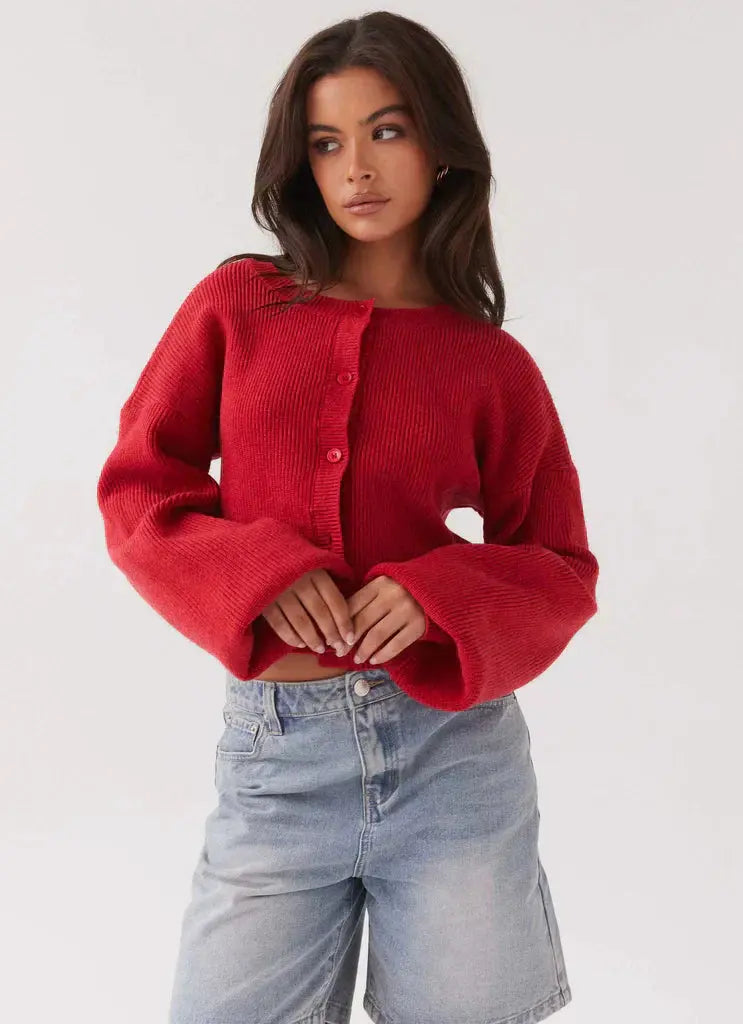 Women's Red Knit Cardigan Classic Fit | Autumn Style