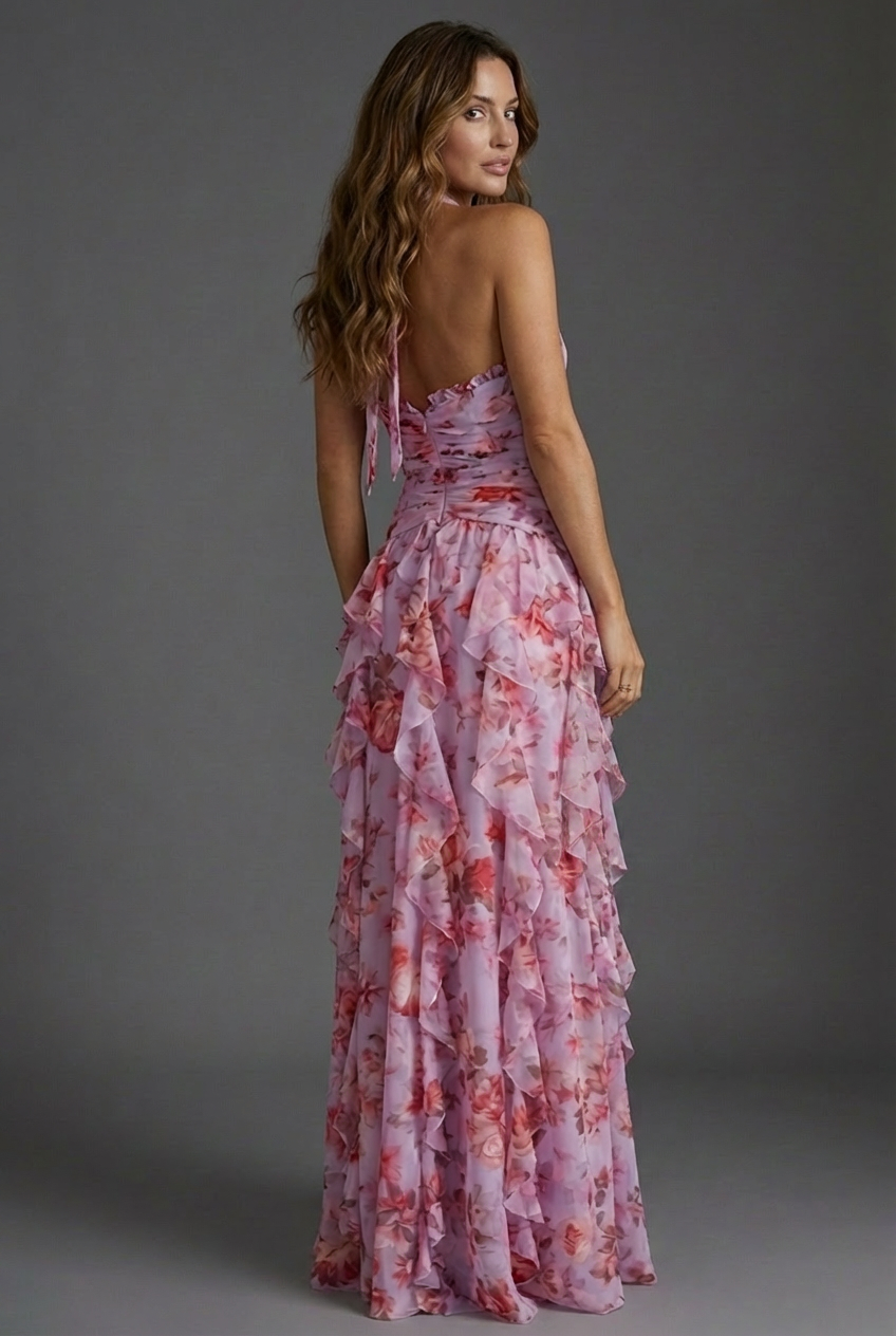 Women's Floral Halter-Neck Ruffle Party Maxi Dress