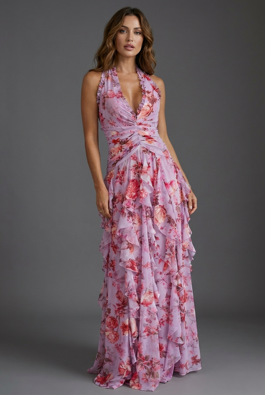 Women's Floral Halter-Neck Ruffle Party Maxi Dress