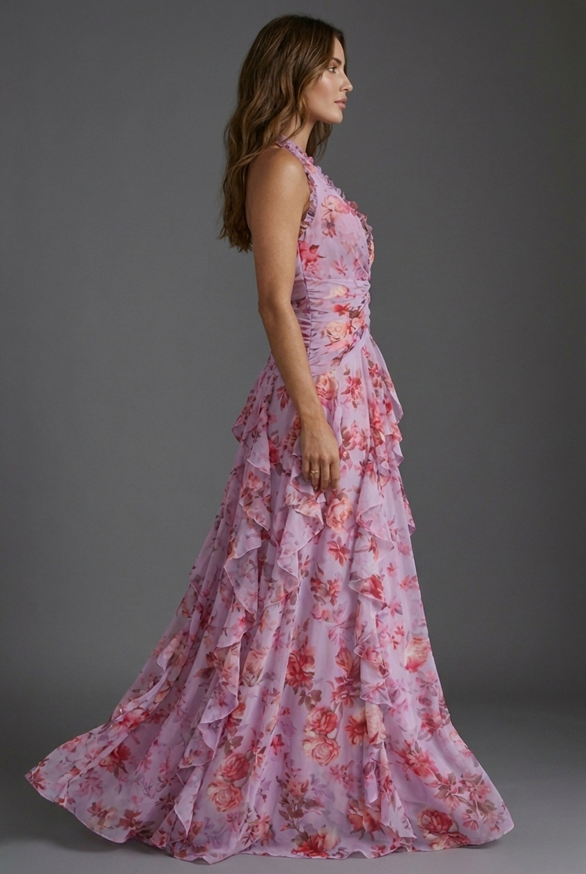 Women's Floral Halter-Neck Ruffle Party Maxi Dress
