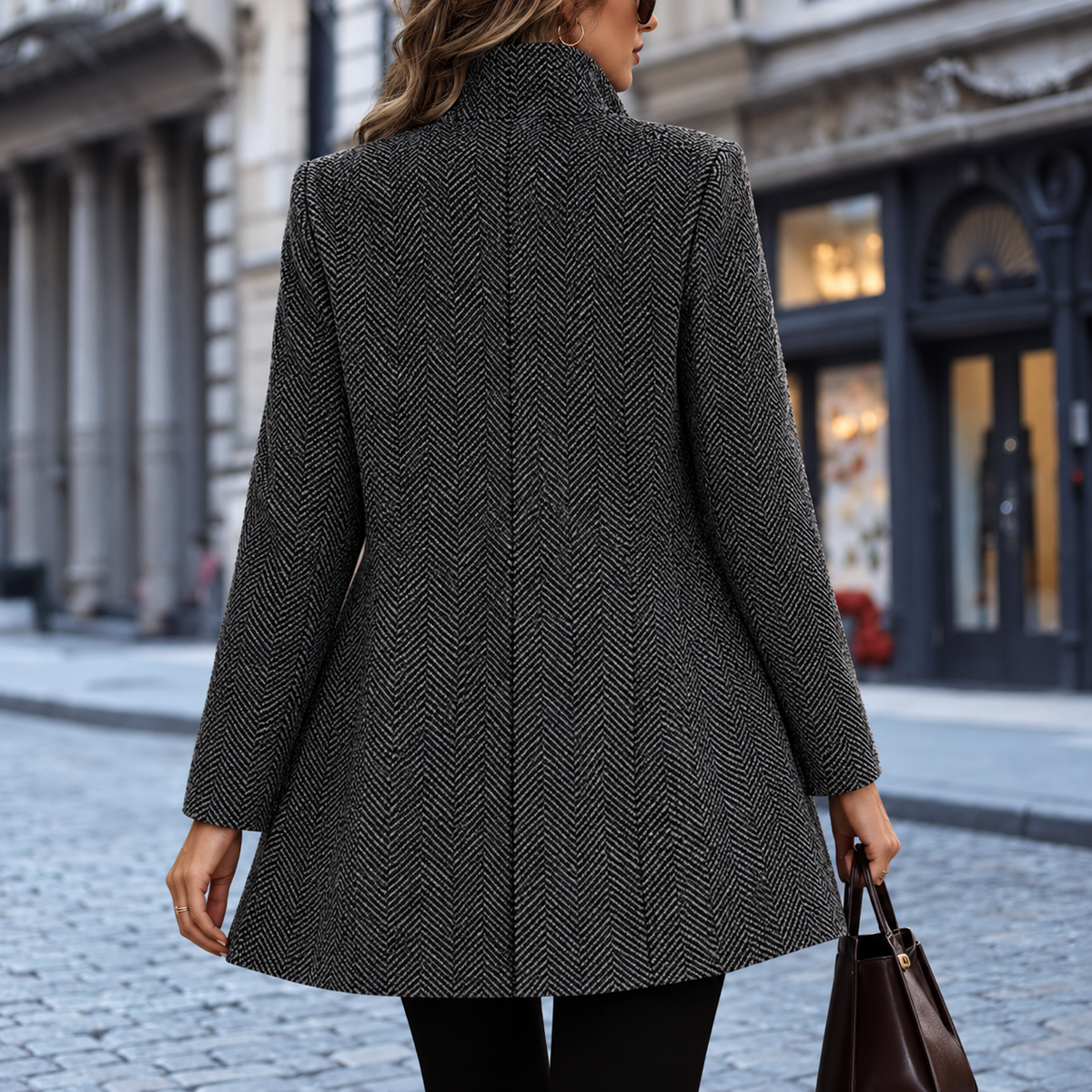 Sabine | Open Front Wool Coat with Herringbone Texture