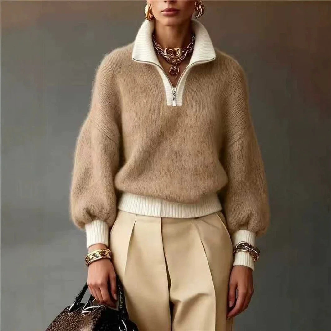 Women's Quarter-Zip Brushed Knit Jumper with Contrast Collar