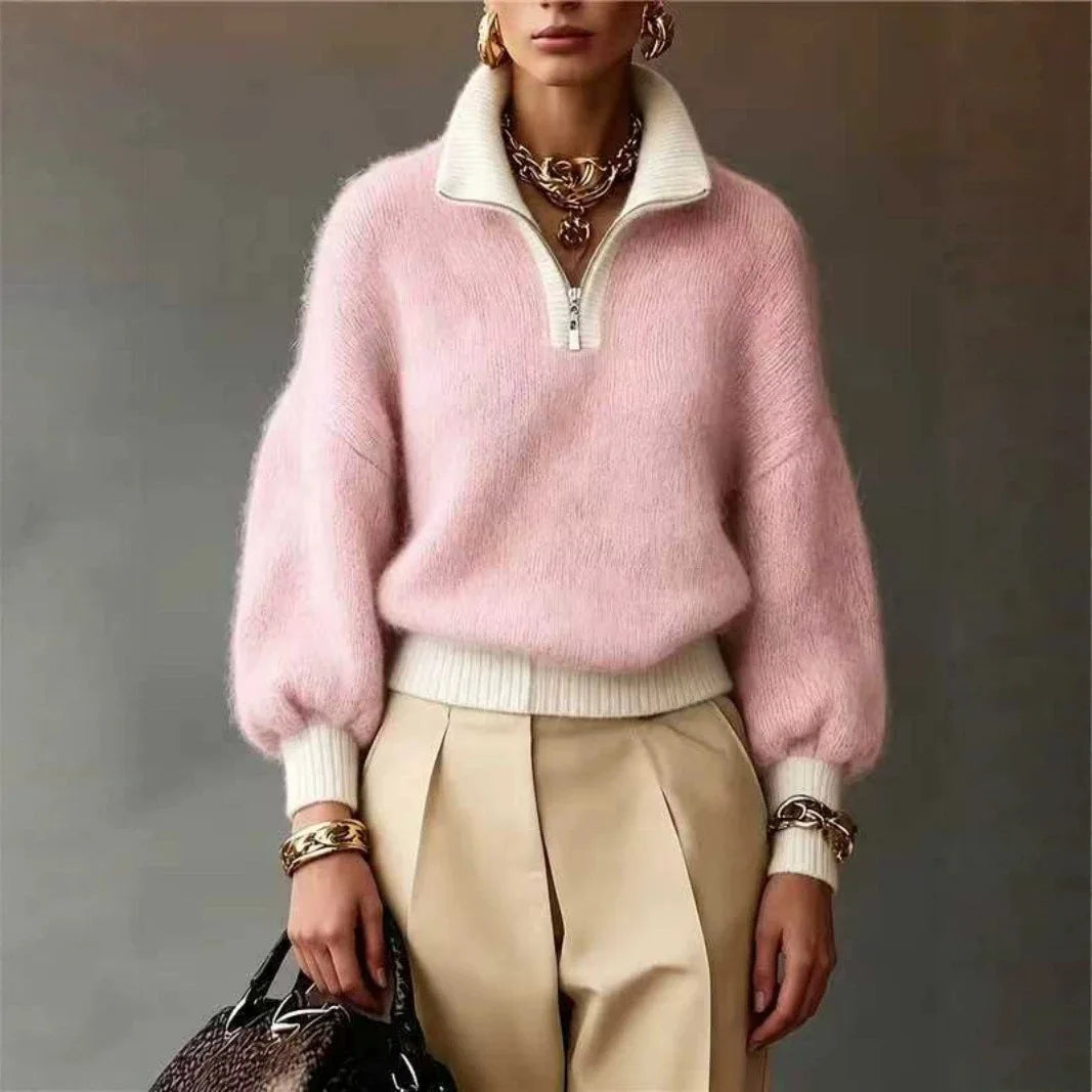 Women's Quarter-Zip Brushed Knit Jumper with Contrast Collar