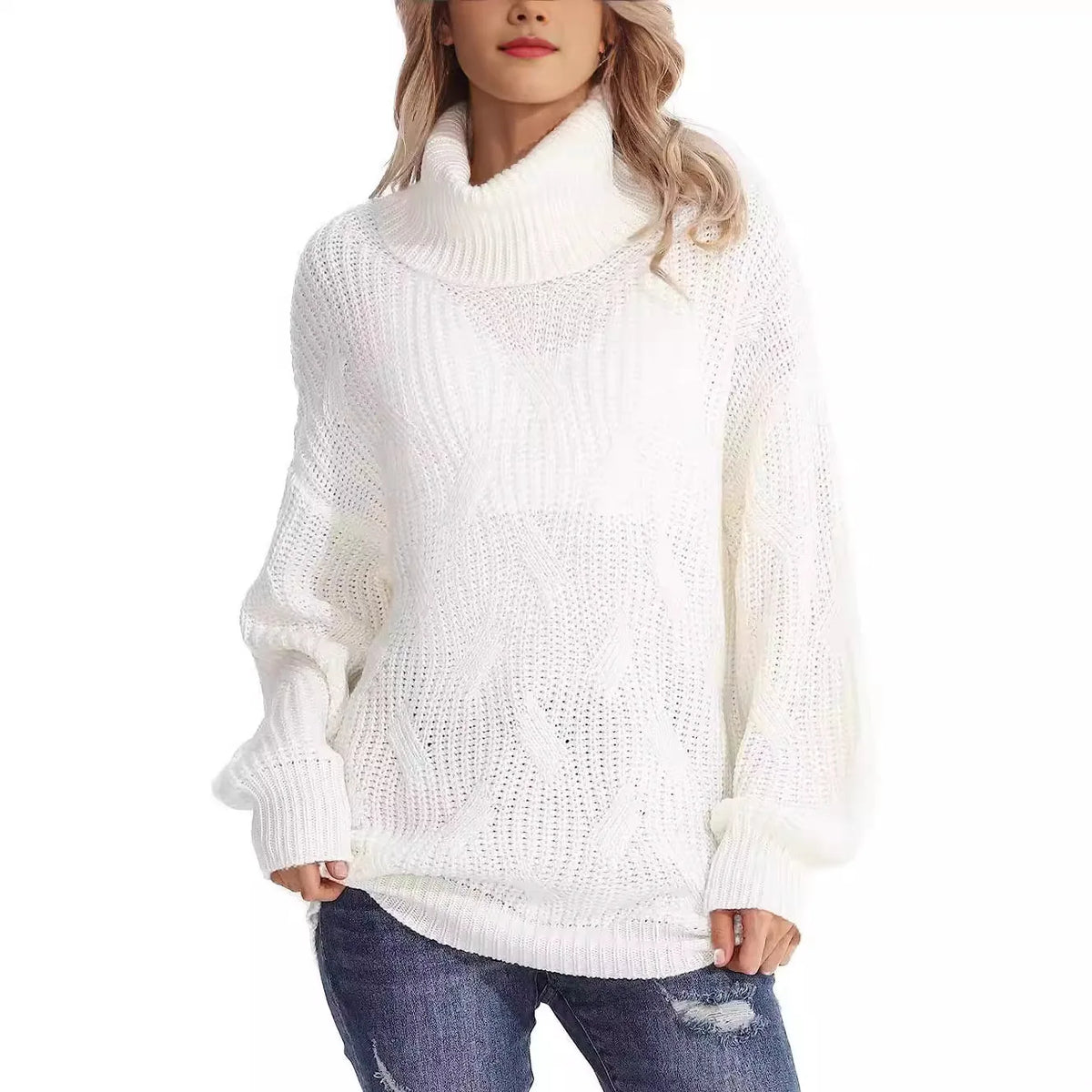 Women's Chunky Cable-Knit Oversized Turtleneck Jumper