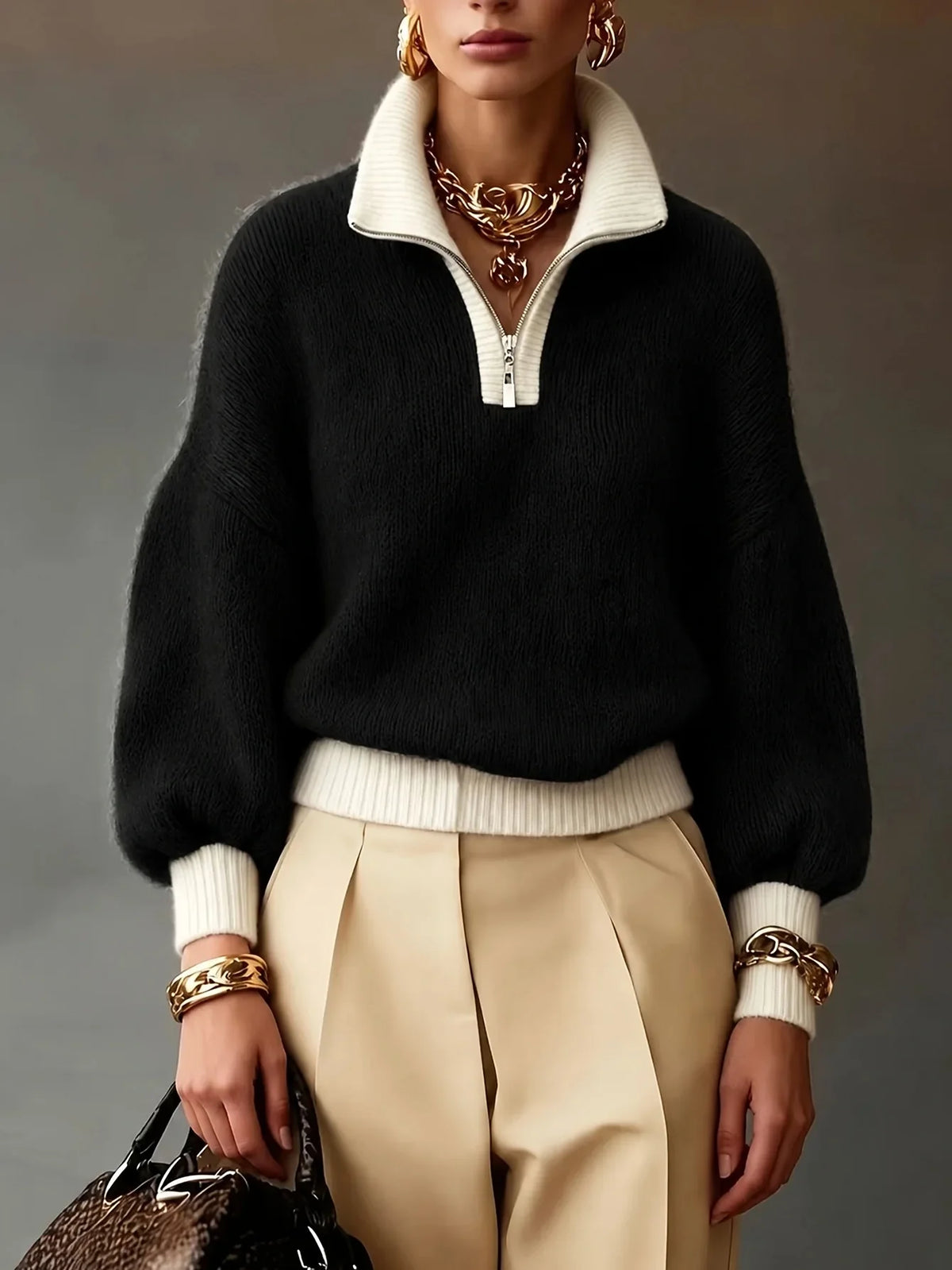Women's Quarter-Zip Brushed Knit Jumper with Contrast Collar