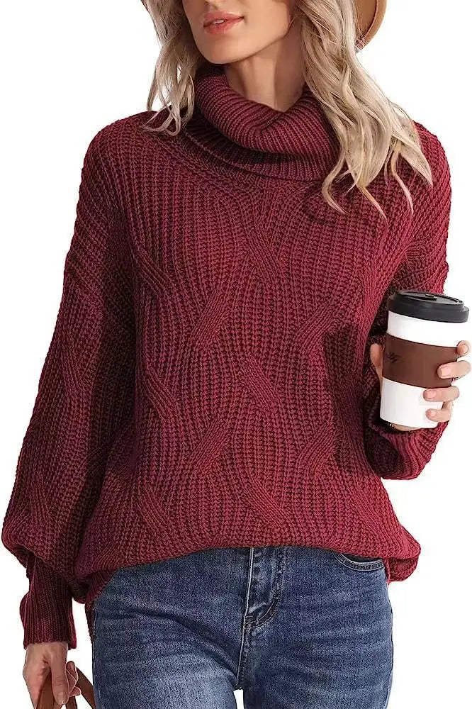 Women's Chunky Cable-Knit Oversized Turtleneck Jumper