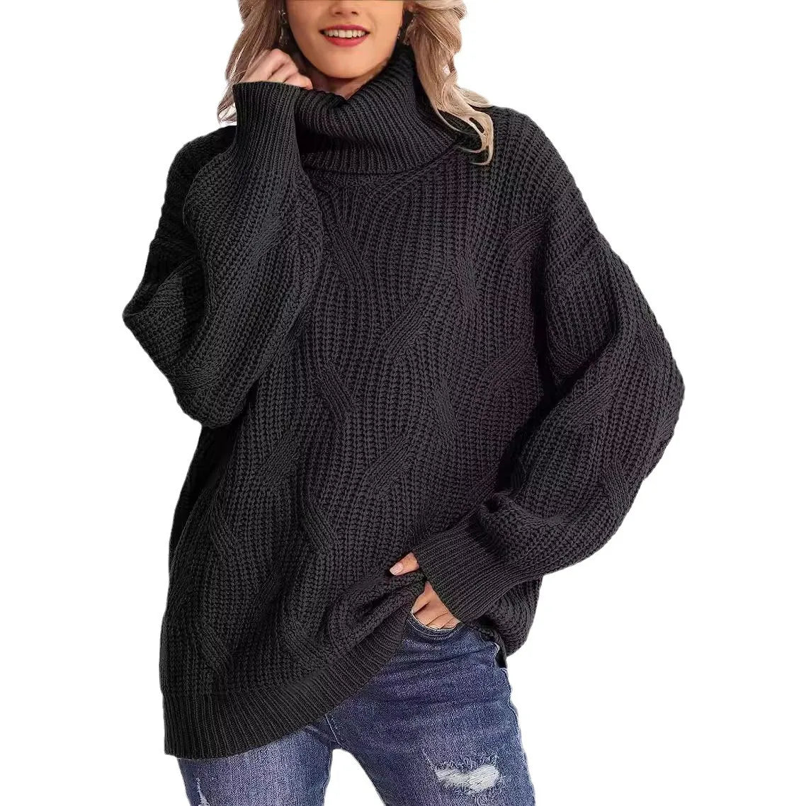 Women's Chunky Cable-Knit Oversized Turtleneck Jumper