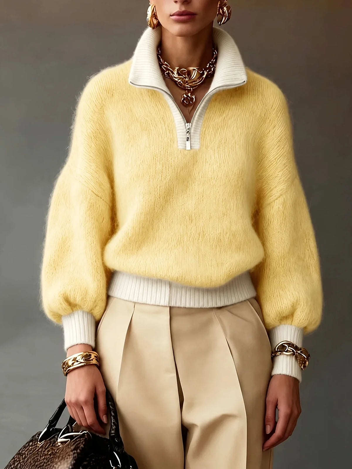 Women's Quarter-Zip Brushed Knit Jumper with Contrast Collar