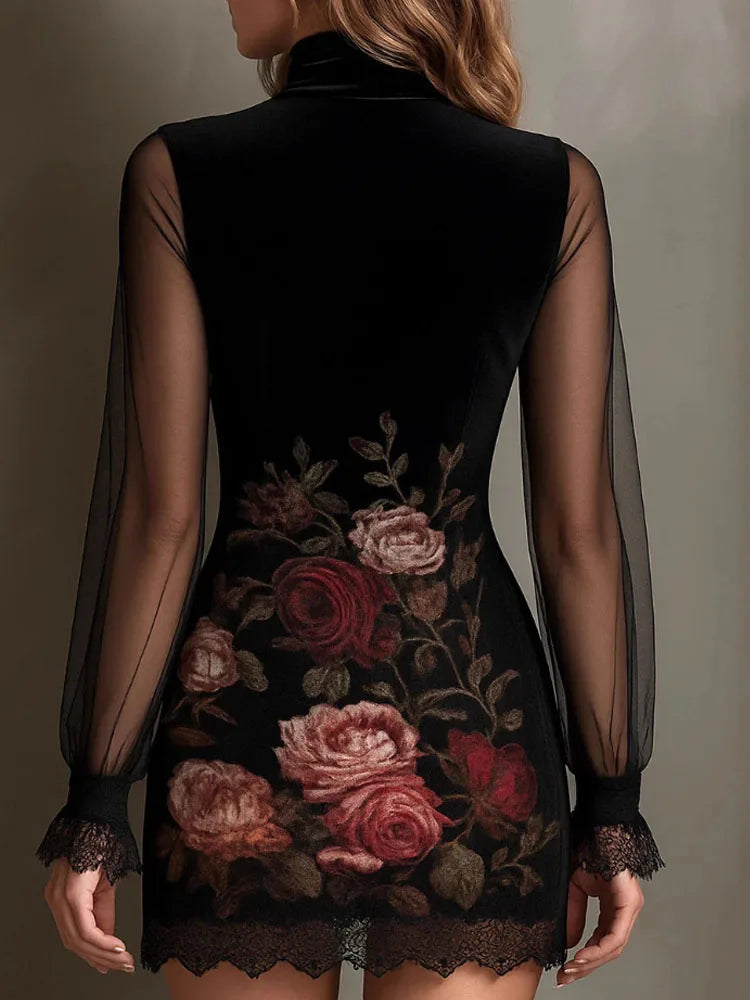 Elżbieta | Klasyczna welurowa sukienka w kwiaty