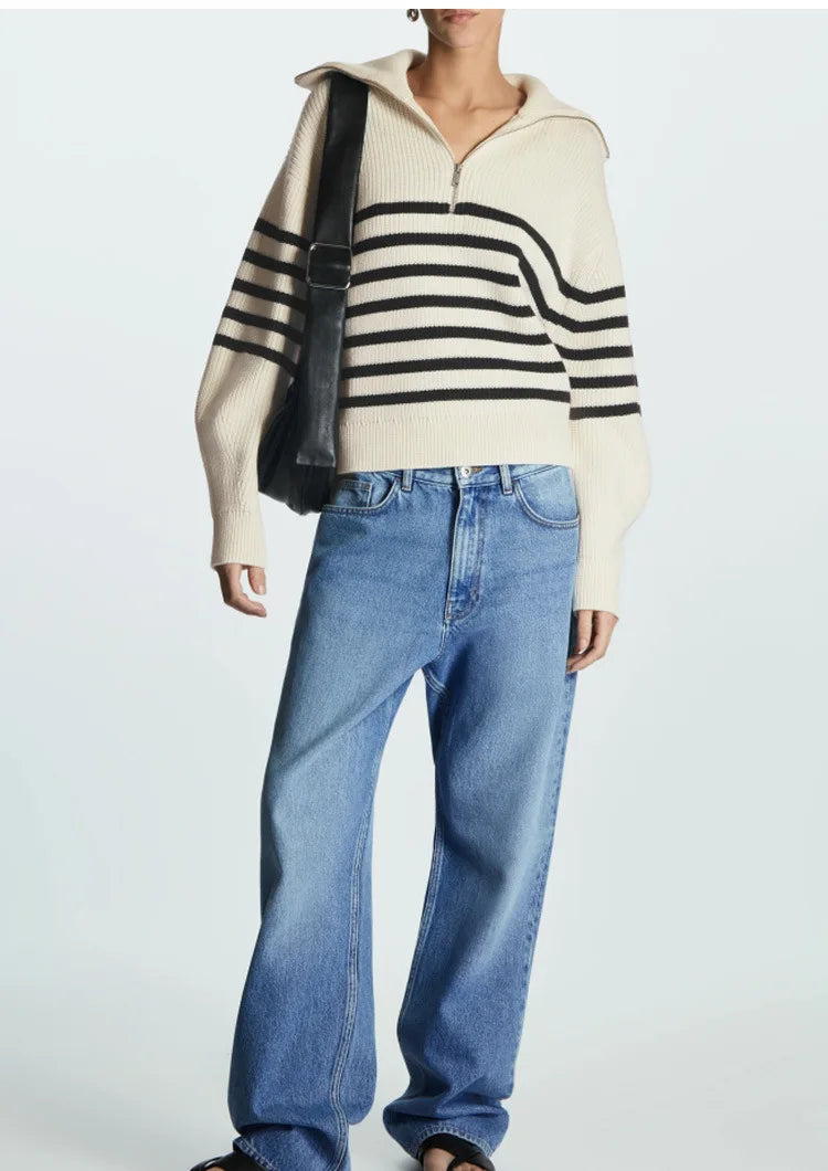 Liora | Women's Striped Ribbed Half-Zip Knitted Jumper