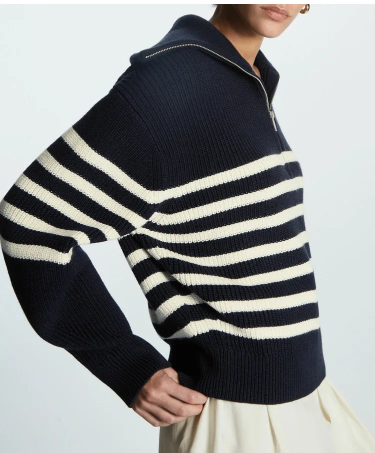 Liora | Women's Striped Ribbed Half-Zip Knitted Jumper