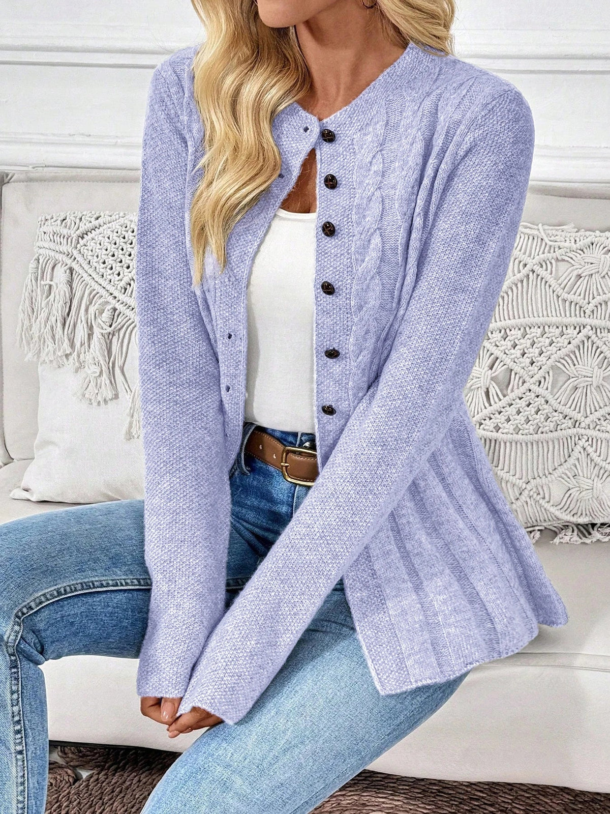 Penelope | Women's Cable-Knit Fitted Peplum Button Cardigan