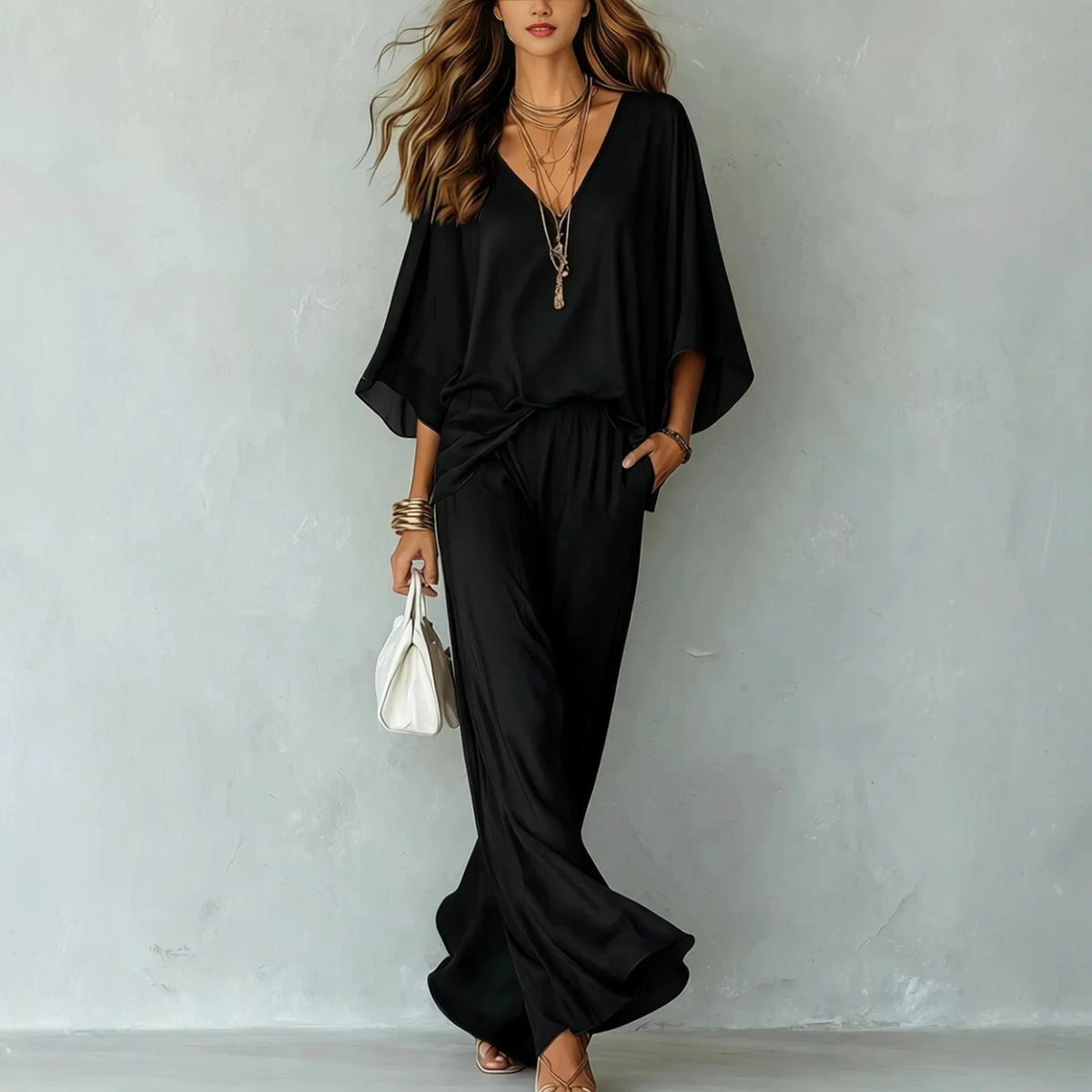 Elaris | Women's Draped V-Neck Wide-Leg Trouser Co-Ord Set