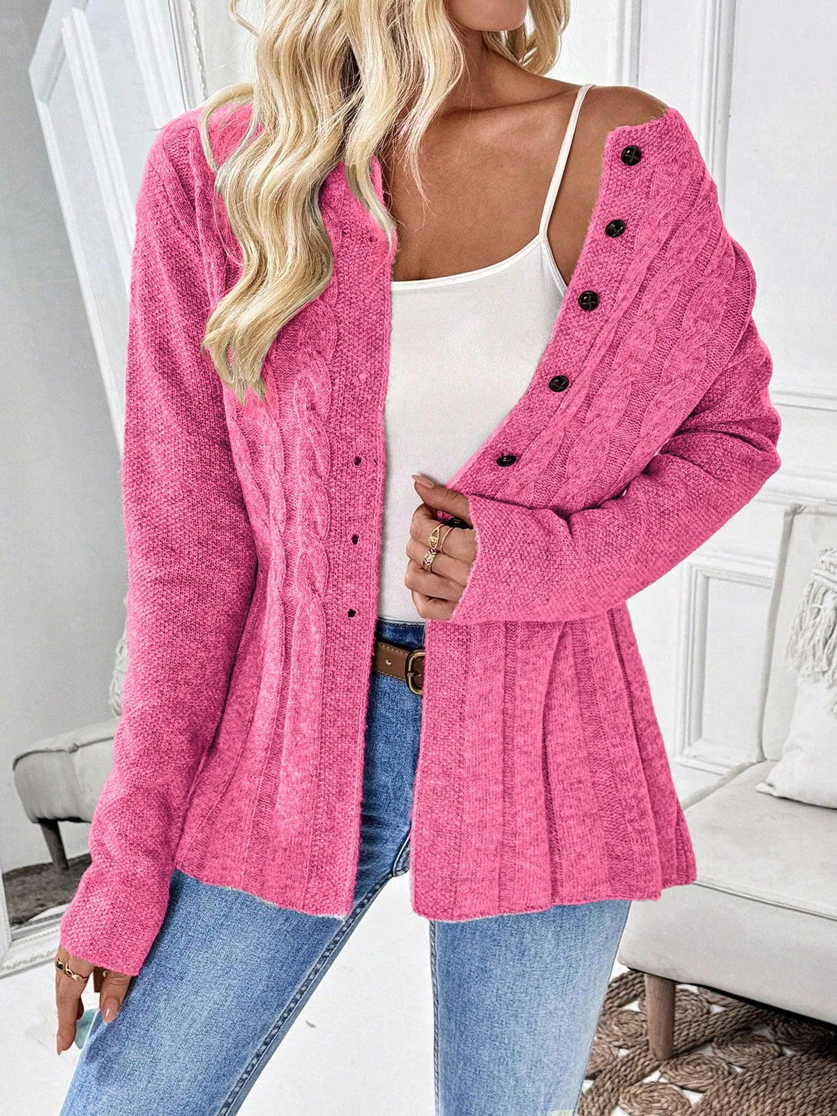 Penelope | Women's Cable-Knit Fitted Peplum Button Cardigan