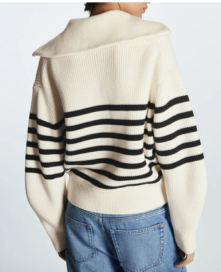 Liora | Women's Striped Ribbed Half-Zip Knitted Jumper
