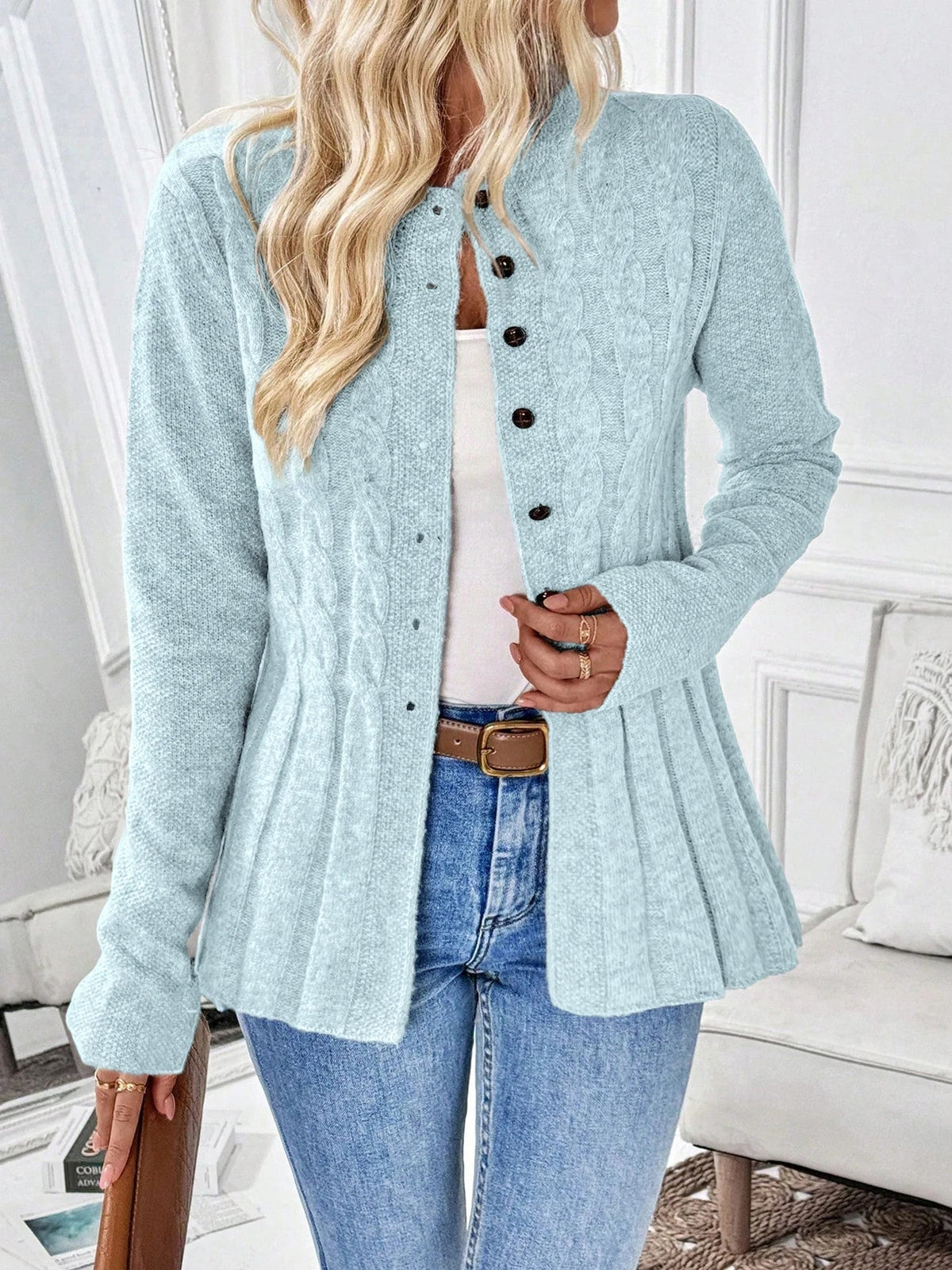 Penelope | Women's Cable-Knit Fitted Peplum Button Cardigan