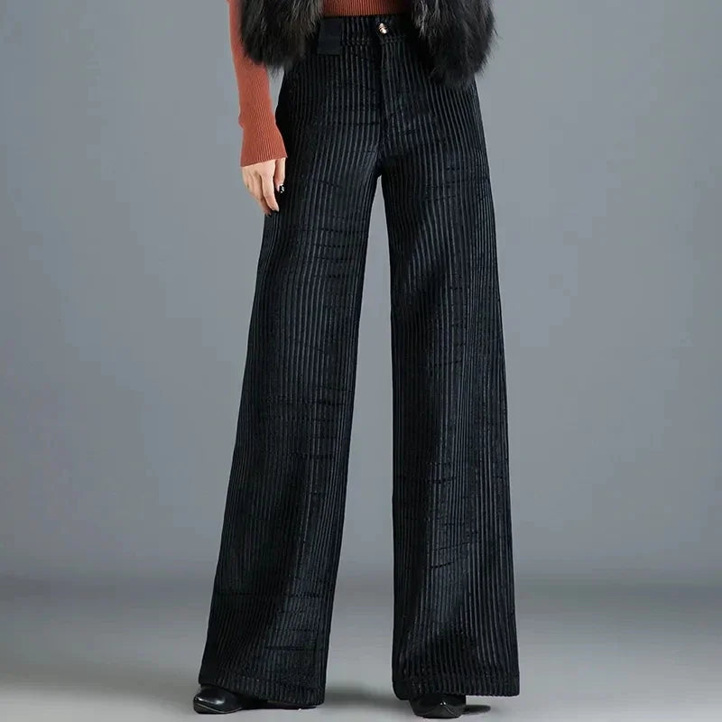 Peyton | Women's High Waisted Ribbed Velvet Wide Leg Trousers