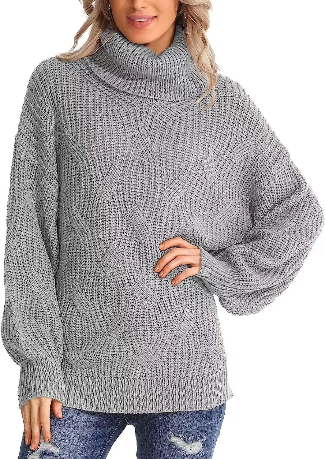 Women's Chunky Cable-Knit Oversized Turtleneck Jumper