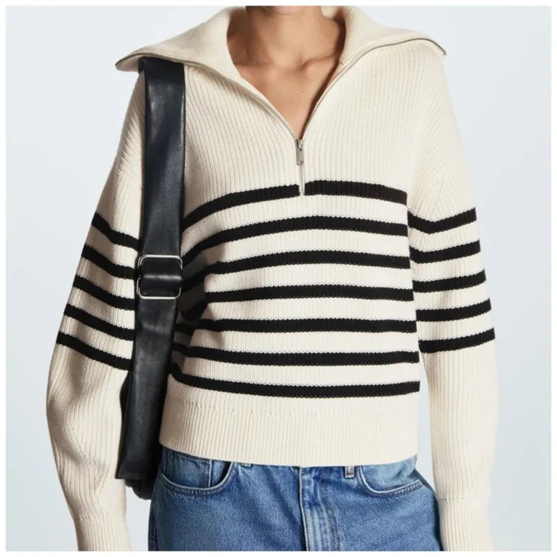 Liora | Women's Striped Ribbed Half-Zip Knitted Jumper